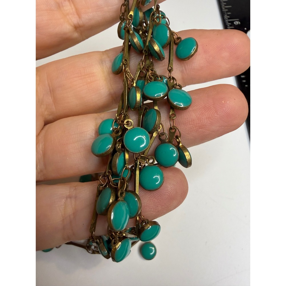 Vintage Turquoise Enamel Cabochon Brass Bar Link Station Necklace Long 36 Inch